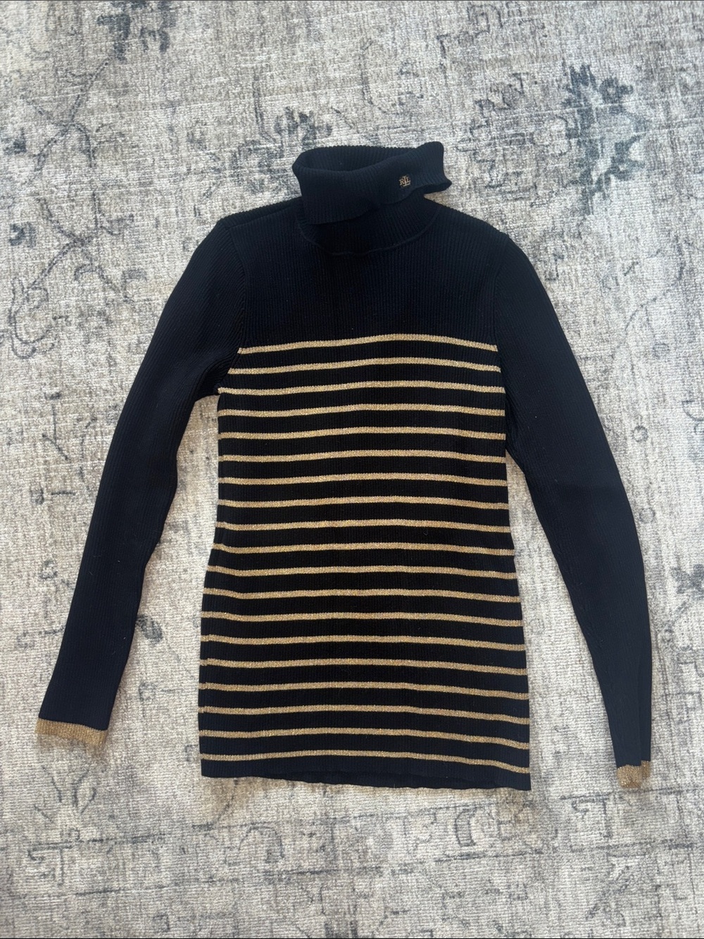 Lauren Ralph Lauren Black and Gold Striped Turtleneck Sweater